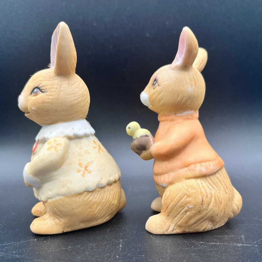 Vtg Ceramic Easter Bunny Figurine Set 2pc Rabbit Chicks Spring Decor In Box 3.5